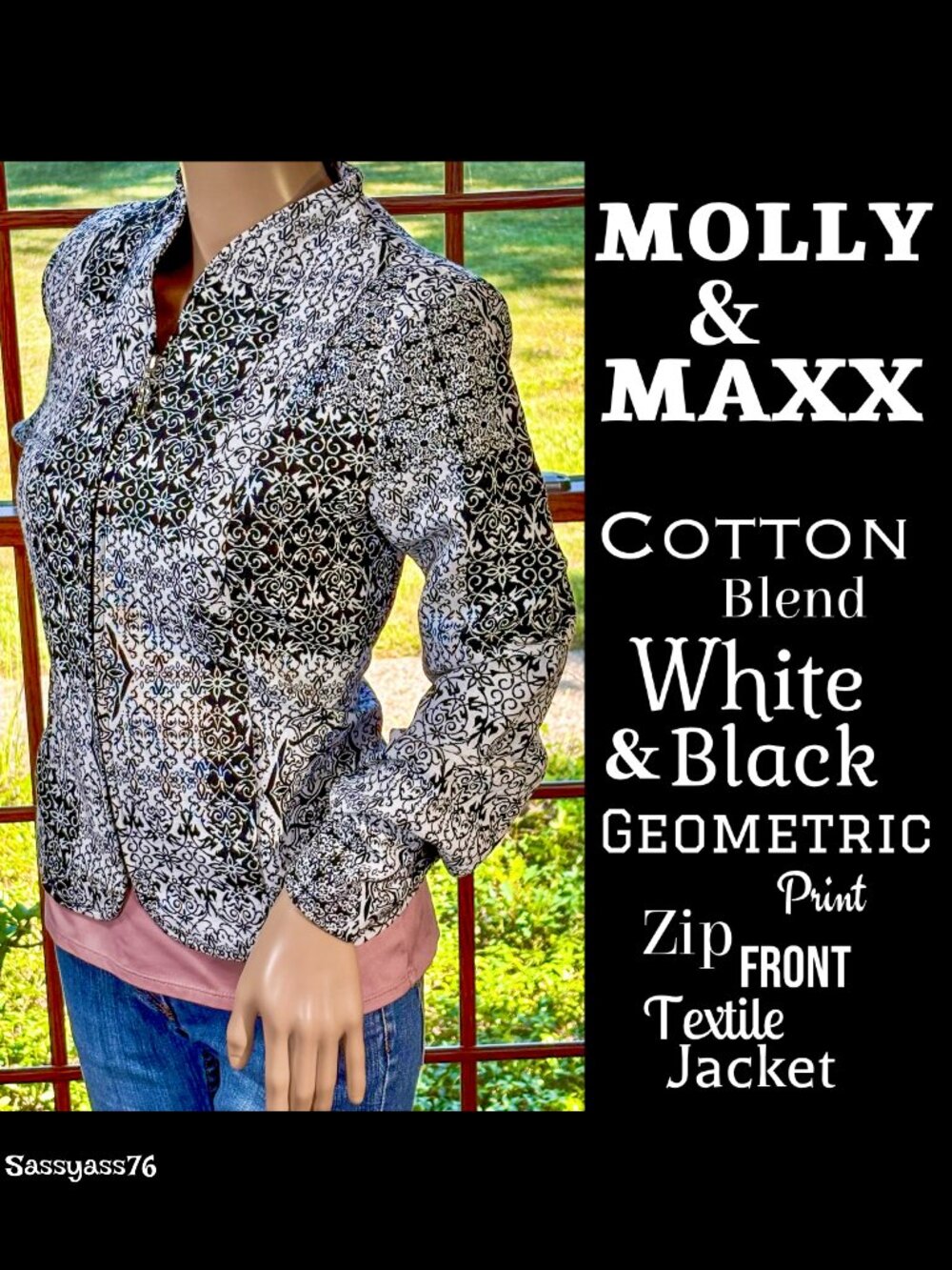 🆕MOLLY & MAXX▪️Cotton Blend White Black Geo Print Zip Front Textile Jacket